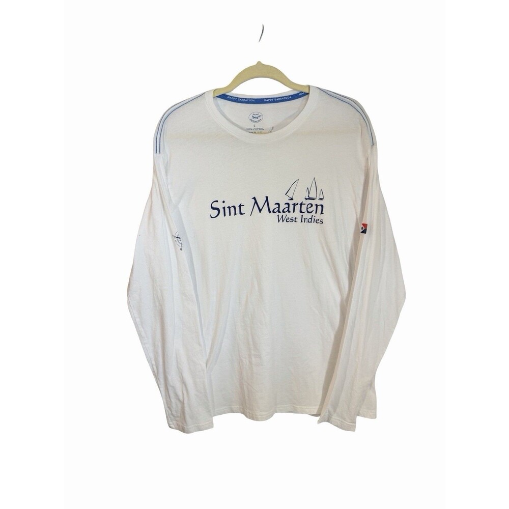 St. Martin West Indies Long Sleeve T-Shirt Large White Tee Happy Barracuda Beach